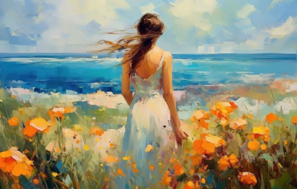 Поле, девушка, цветы, природа, краски, картина, живопись, мазки