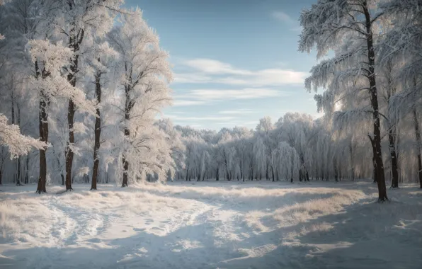 Зима, иней, лес, облака, свет, снег, деревья, пейзаж