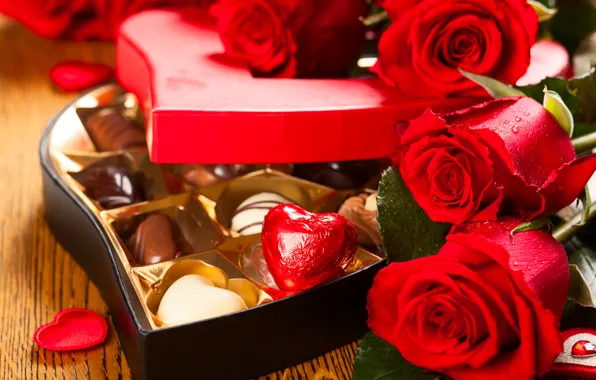 Картинка шоколад, розы, конфеты, love, rose, heart, romantic, Valentine's Day