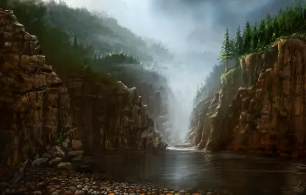 Картинка вода, природа, туман, камни, скалы, вид, арт, живопись