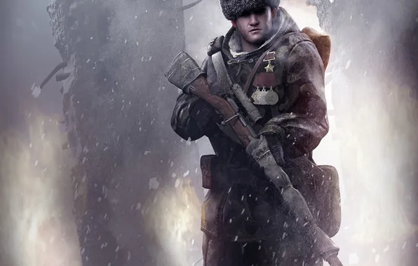 Картинка снег, арт, мужчина, форма, снайпер, винтовка, ордена, AVA
