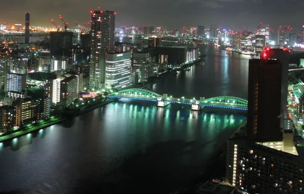 Ночь, мост, река, Tokyo, japan