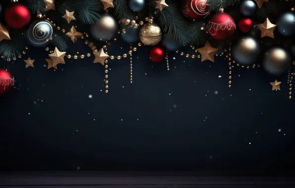 Украшения, темный фон, шары, Новый Год, Рождество, golden, new year, happy