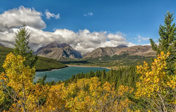 Осень, небо, облака, деревья, горы, озеро