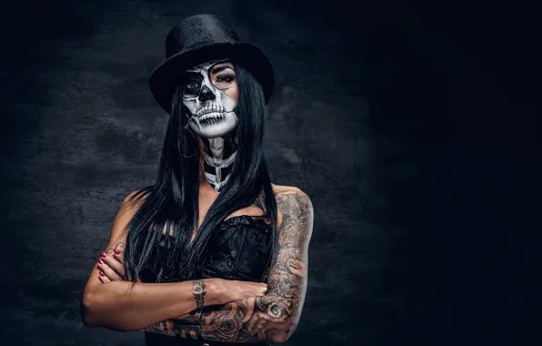 Картинка woman, look, tattoos, female, makeup, day of the dead, brazos
