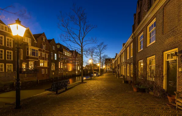 Улица, вечер, фонари, Нидерланды, Голландия, Дордрехт, Dordrecht