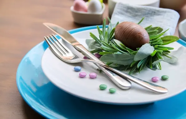 Тарелки, Easter, Holiday, сервировка, шоколадное яйцо