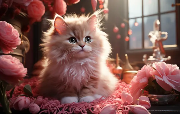 Кошка, взгляд, свет, цветы, поза, котенок, стол, комната