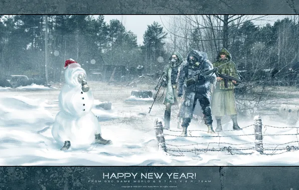 Лес, снег, оружие, новый год, снеговик, Stalker, сталкер, зона