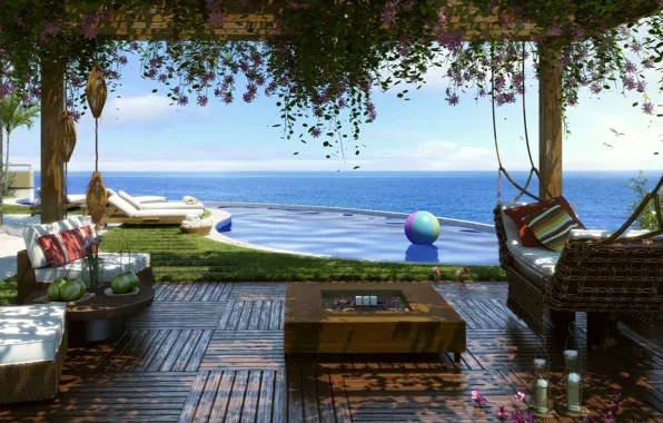 Pool, ocean, Villa, terrace