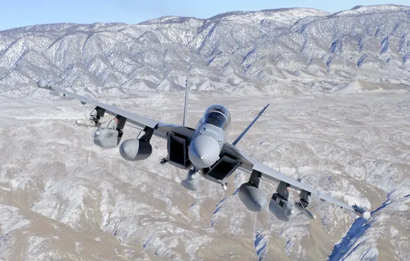 Картинка полет, горы, местность, самолёт, Боинг, палубный, EA-18G Growler, ВМС США