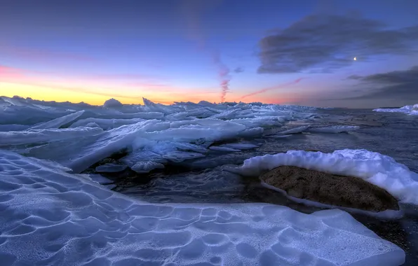 Картинка море, пейзаж, закат, лёд