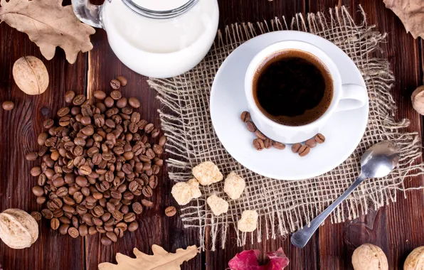 Листья, кофе, зерна, молоко, чашки, орехи, cup, nuts
