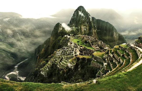 Картинка облака, река, гора, ступени, Перу, Мачу-Пикчу, город Инков