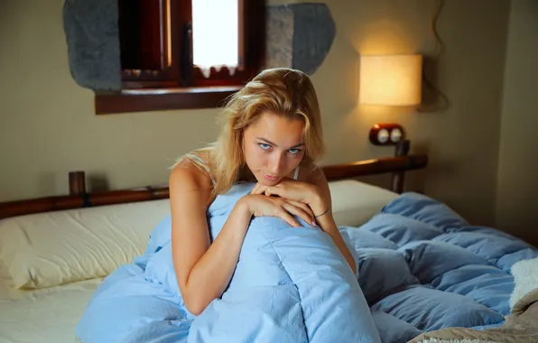 Model, bedroom, gorgeous, photoshoot, posing, beautiful face, tanned babe, blonde beauty