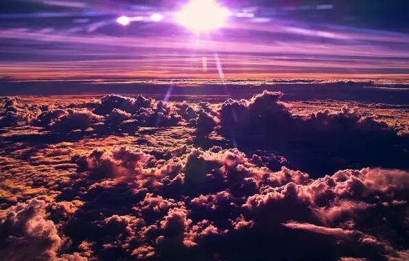 Картинка Закат, Солнце, Небо, Облака, Полёт, Flight, Clouds, Sky