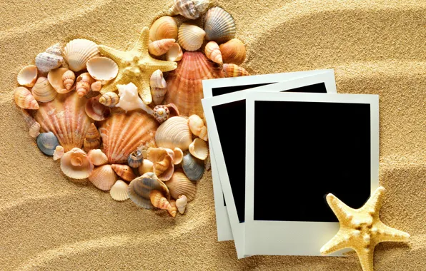 Картинка песок, сердце, ракушки, heart, texture, sand, seashells, starfishes