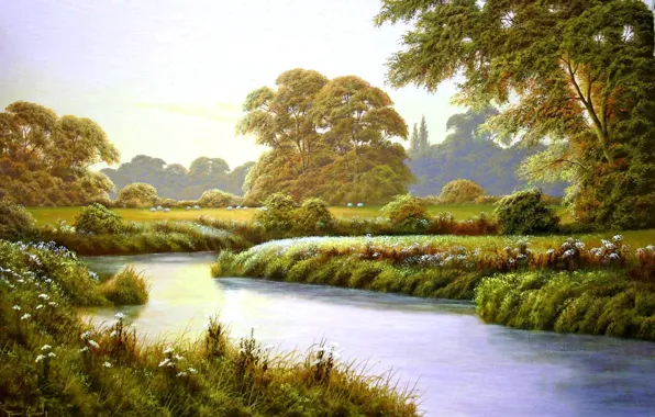 Картинка деревья, пейзаж, цветы, река, поляна, живопись, Terry Grundy, Autumn Coming