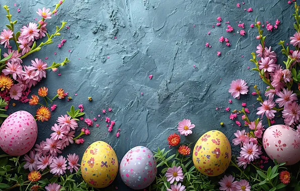 Картинка цветы, flowers, spring, eggs, happy, Пасха, pink, blossom