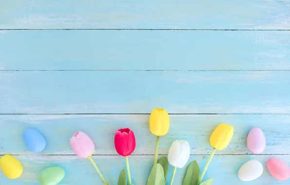 Картинка цветы, яйца, весна, colorful, Пасха, тюльпаны, wood, flowers