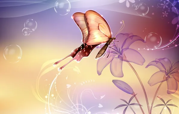 Картинка цветок, пузырьки, бабочка, Абстракция