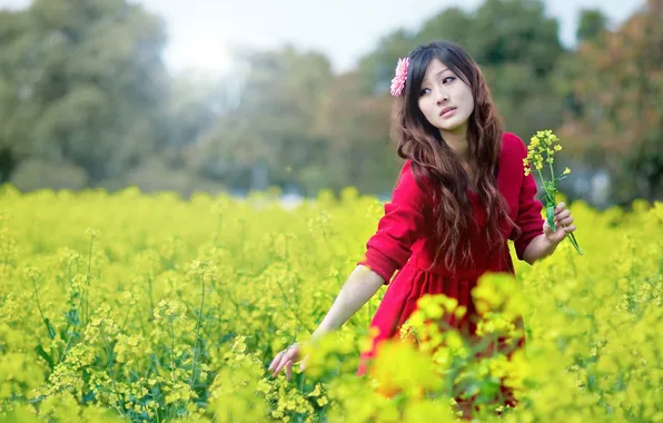 FIELD, RED DRESS, ASIAN, LONG HAIR, FLOWER