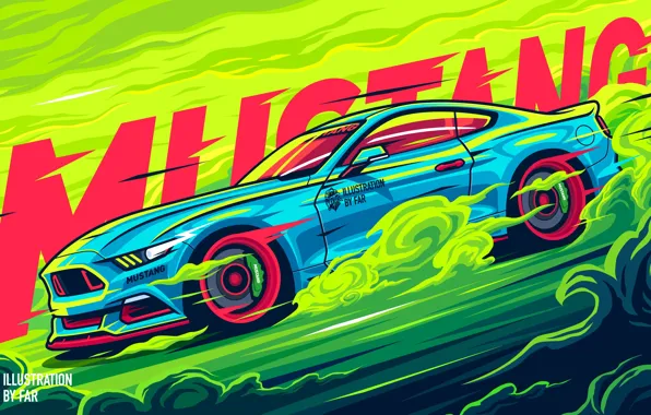Картинка car, Ford, smoke, digital art, artwork, vehicle, illustration, muscle cars