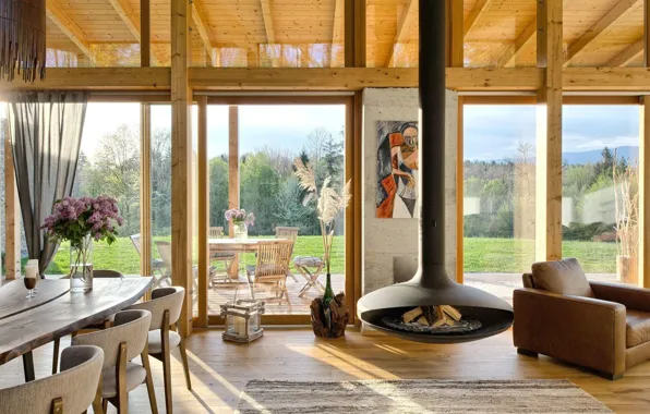 Интерьер, камин, терраса, Словения, гостиная, Slovenia, столовая, House with view of the countryside