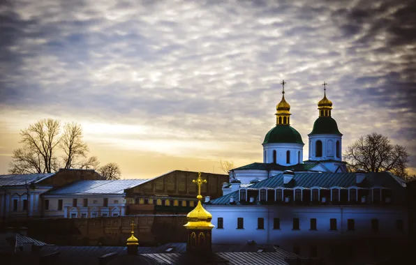 Картинка закат, церковь, купол, Украина, Киев, Печерская лавра