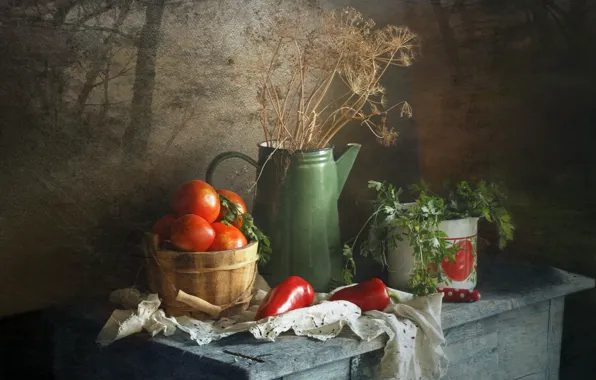 Картинка петрушка, укроп, помидоры, стол, чайник, перец, овощи, кадка
