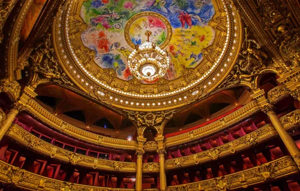 Картинка Франция, Париж, потолок, люстра, театр, роспись, Марк Шагал, опера Гарнье