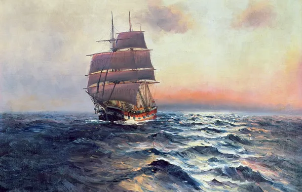 Море, небо, пейзаж, корабль, картина, паруса, Alfred Jansen
