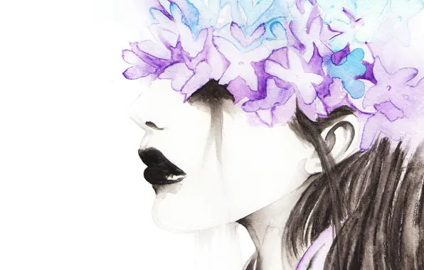 Картинка цветы, рисунок, Девушка, акварель, черные губы