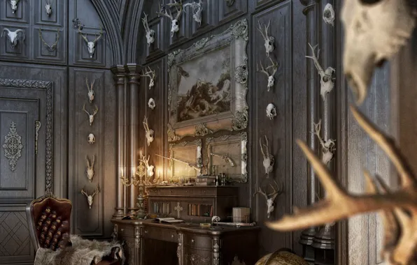 Стол, череп, глобус, помещение, Fin-de-siecle hunting gallery