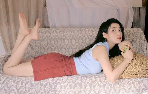 K-Pop, Laying Down, Blue Shirt, Pillow, Couch, Barefoot, Food, Fruits