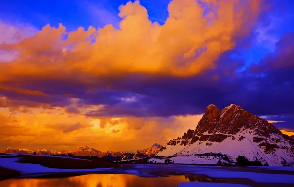 Картинка небо, облака, снег, закат, горы, озеро