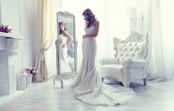 Стиль, отражение, кресло, платье, зеркало, невеста, свадебное платье