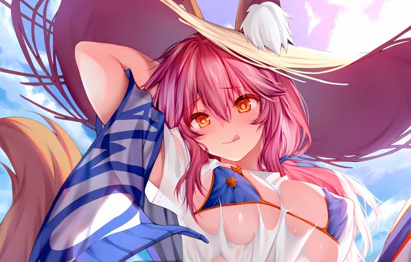 Girl, sexy, cleavage, pink hair, sky, long hair, hat, boobs