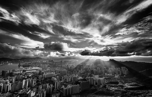Облака, рассвет, черно-белое, Hong Kong, небокскребы
