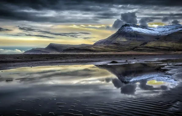 Mountain, reflection, Iceland, coastline