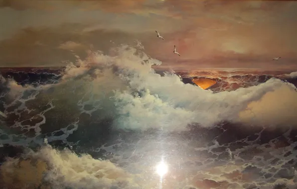 Картинка море, волны, небо, птицы, тучи, шторм, чайки, картина