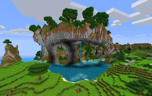 Горы, дерево, водопад, minecraft