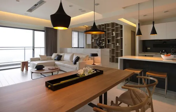 Living room, combining dining room kitchen, modern home