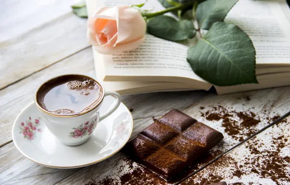 Картинка цветок, стол, роза, кофе, шоколад, чашка, книга, напиток