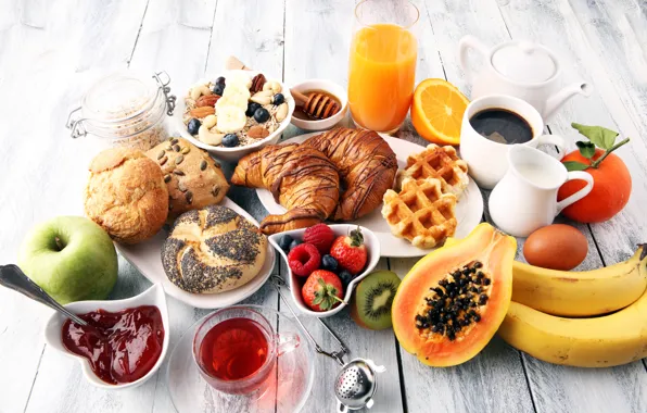 Картинка ягоды, чай, кофе, завтрак, молоко, сок, фрукты, мёд