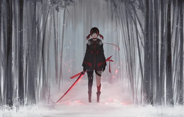Картинка Girl, Winter, Style, Snow, Fiction, Jun, Sword, Forest