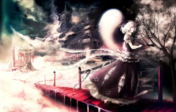 Девушка, мост, сакура, touhou, art, konpaku youmu, оружие меч, iori
