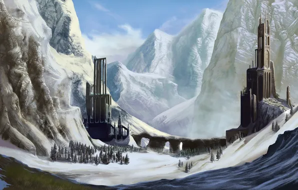 Картинка снег, деревья, горы, фантастика, арт, башни, руины