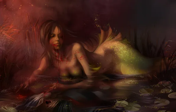 Картинка вода, кровь, эльф, русалка, Девушка, искры, труп, Mermaid