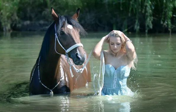 Картинка вода, деревья, лошадь, блондинка, белое платье, trees, красивая девушка, water